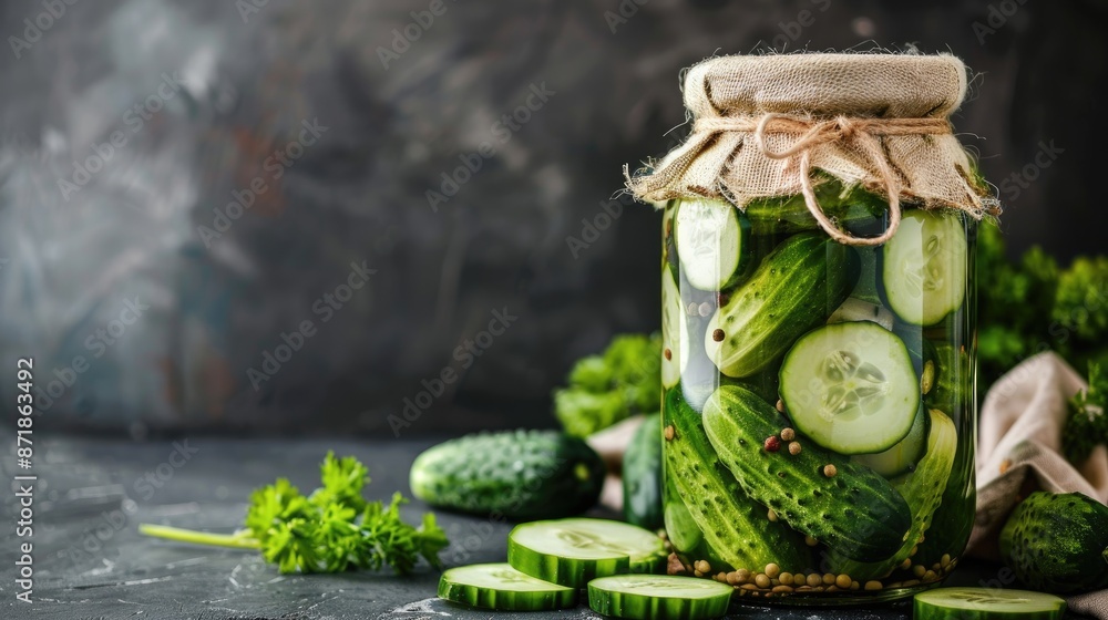 Poster homemade pickled cucumbers in a jar with room for text
