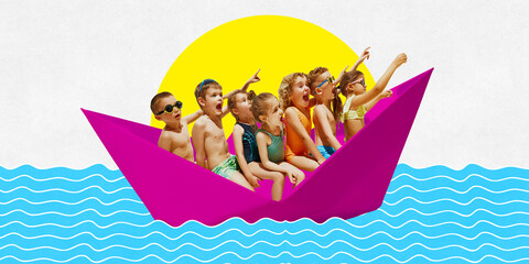 Poster. Contemporary art collage. Group of children, friends sitting in paper ship and swims in sea...