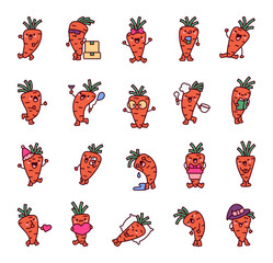 Cheerful carrot character. Cute cartoon vegetable. Hand drawn style. Vector drawing. Collection of design elements.