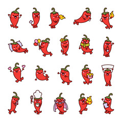 Cute hot pepper character. Cheerful cartoon vegetable. Hand drawn style. Vector drawing. Collection of design elements.