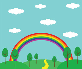 Rainbow Summer Forest Hillside Landscape Flat Style. Natural events and illustration for children concept vector art