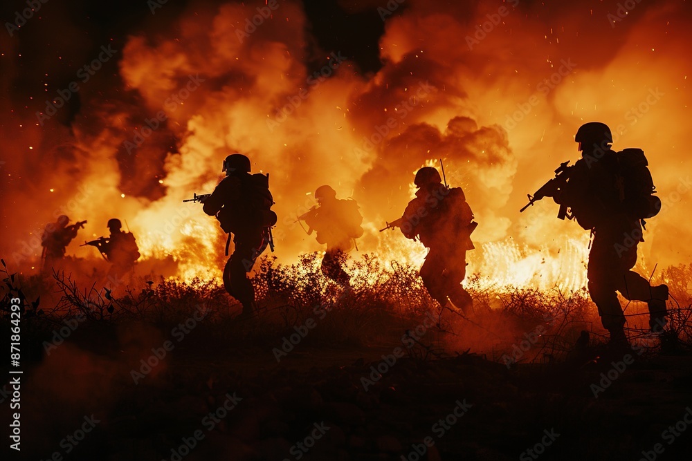 Wall mural war concept. concept of war. soldiers silhouettes during battles, shots, explosions, fire at night. 