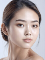 Naklejka premium Asian Japanese girl beautiful eyes in white t-shirt with healthy skin super realistic white studio background.