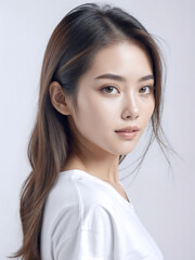 Fototapeta premium Asian Japanese girl beautiful eyes in white t-shirt with healthy skin super realistic white studio background.