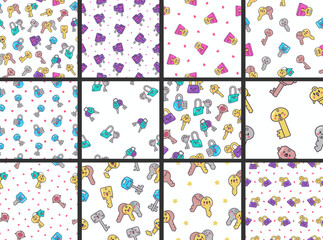 Cute kawaii key. Seamless pattern. Funny cartoon character. Hand drawn style. Vector drawing. Collection of design ornaments.