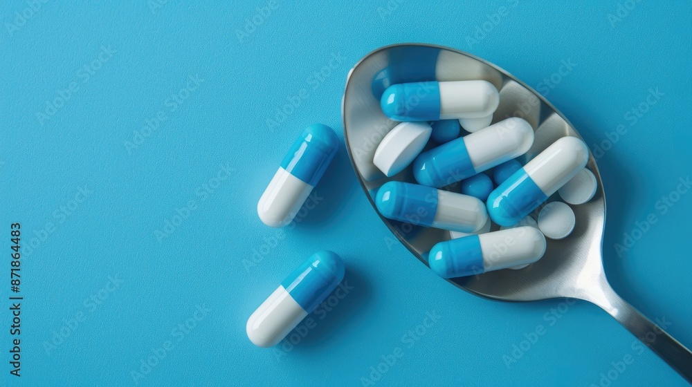 Poster blue and white pills arranged on a spoon in a flat lay composition with space for text