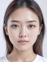 Fototapeta premium Asian Japanese girl beautiful eyes in white t-shirt with healthy skin super realistic white studio background.