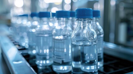 Bottles in plastic container for water testing in France Drinking water examination Blank area