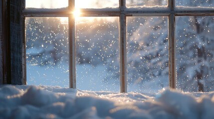 Naklejka premium snowy scene visible through an energy-efficient window, showing no condensation or frost on the inside glass surface