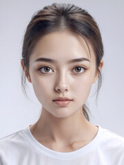 Fototapeta premium Asian Japanese girl beautiful eyes in white t-shirt with healthy skin super realistic white studio background.