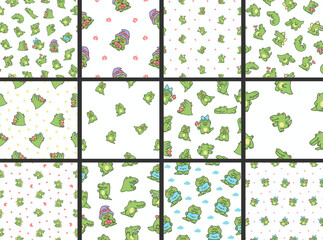 Funny crocodile character with happy face. Seamless pattern. Cartoon kawaii alligator. Hand drawn style. Vector drawing. Collection of design ornaments.