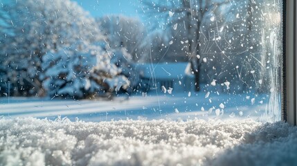 snowy scene visible through an energy-efficient window, showing no condensation or frost on the inside glass surface
