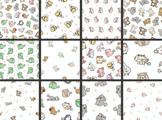 Cute and funny farting animals. Seamless pattern. Cartoon characters. Hand drawn style. Vector drawing. Collection of design ornaments.