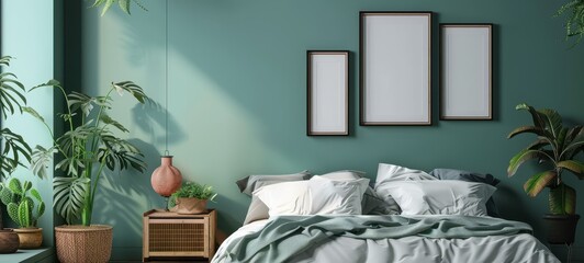 Assorted blank picture frames with family portraits on a warm taupe wall