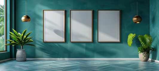 Fototapeta premium Elegant blank picture frames with modern art on a deep teal wall