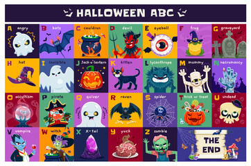 Halloween alphabet, holiday abc, kids type. Vector uppercase letters with funny cartoon spooky characters. Zombie, ghosts, witch or pumpkin, wizard hat and black cat. Frog, devil, bat, pirate or brain