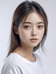 Fototapeta premium Asian Japanese girl beautiful eyes in white t-shirt with healthy skin super realistic white studio background.