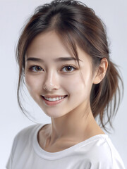 Fototapeta premium Asian Japanese girl beautiful eyes in white t-shirt with healthy skin super realistic white studio background.