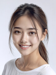 Asian Japanese girl beautiful eyes in white t-shirt with healthy skin super realistic white studio background.