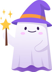 Halloween kawaii ghost character donning a charming witch hat and casting spell with a wand. Cute cartoon vector specter, exuding a delightful mix of spookiness and cuteness. Adorable spirit personage