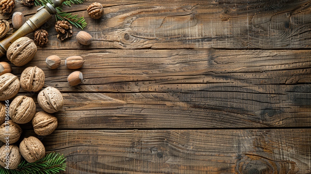 Poster selective focus on old wooden table with walnuts and nutcracker empty space