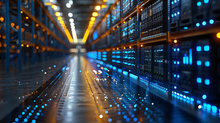 Blue tunnel with light Cables a holographic projection of a supply chain network diagram in a logistics center, business, dynamic and dramatic compositions, with copy space
