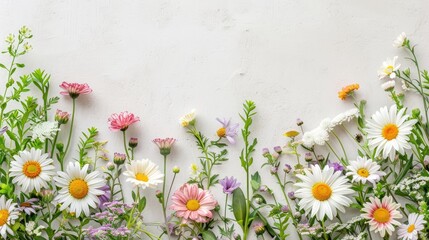 Obraz premium Floral background with daisies and other flowers Blank space