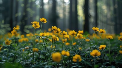 Obraz premium Close up view of European globeflower s beautiful yellow blooms in forest clearing