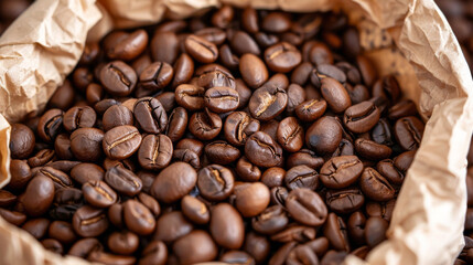 Fototapeta premium Close-up of Freshly Roasted Coffee Beans in a Brown Paper Bag, Perfect for Cafes and Coffee Enthusiasts
