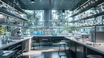 Showcase a high-tech computational biology research facility with bioinformatics tools 