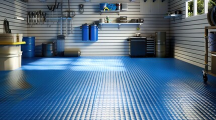 Ice blue rubber flooring in a garage, providing a cool and refreshing look for a clean, organized workspace