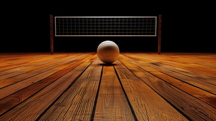 Isolated volleyball court with wooden flooring and ball on black background