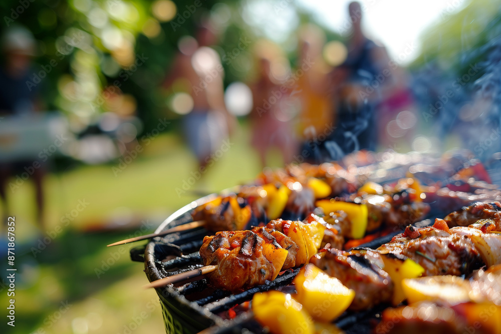 Wall mural a photo of an outdoor barbecue grilling with many colorful skewers of meat and vegetables on the gri