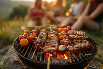 A close-up of a barbecue grill filled with meat and tomatoes, with a group of friends sitting around the campfire in the background. The setting sun casts a beautiful glow