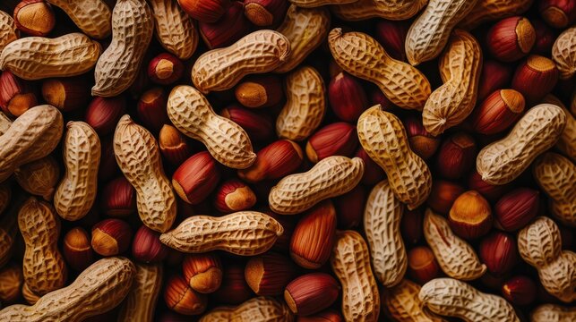 Textured background of shelled and unshelled peanuts