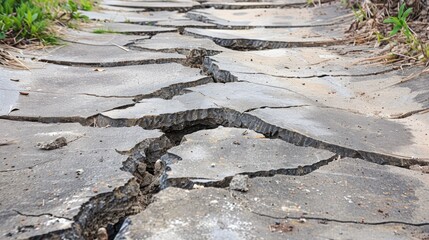 Cracked concrete path with dividing fissure and spacious copy area