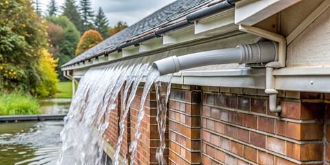 Water pours from a gutter spout on a house, creating a small waterfall along a brick wall. - water, gutter, spout, brick, wall, downpour, cascade, rain, fall, flow