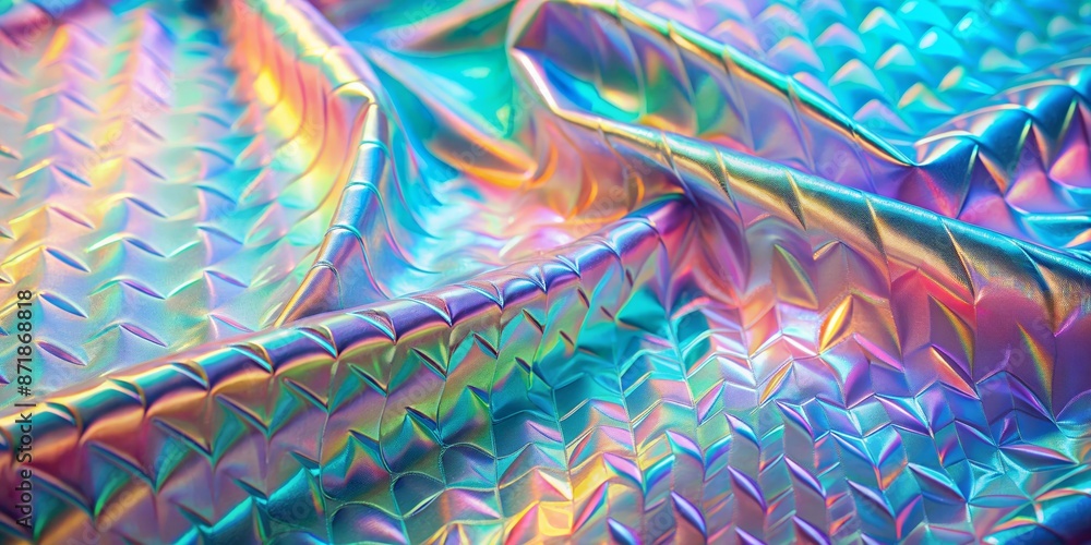 Poster a close-up shot of a shimmering holographic fabric with a textured pattern, creating an abstract and