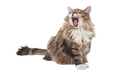 Full body shot of American Longhair Cat cat yawning. Transparent, white background, isolated.