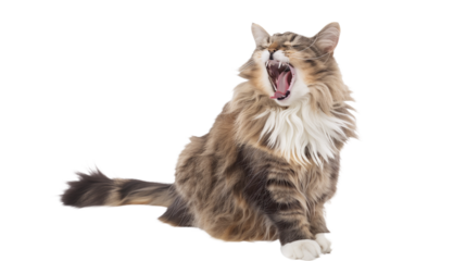 Full body shot of American Longhair Cat cat yawning. Transparent, white background, isolated.