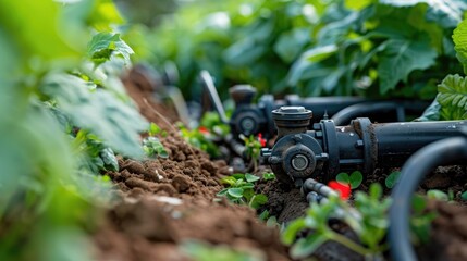 Close up of automated irrigation system with solenoid valves and PVC pipes underground