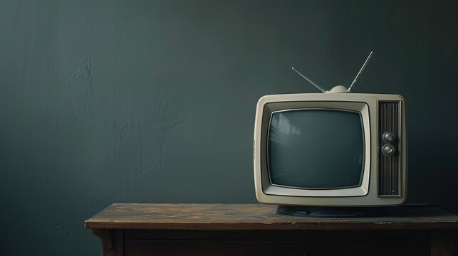 Vintage white television on table against dark backdrop with space for text