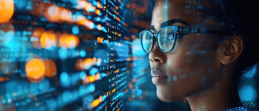 Software, data hologram and woman with code analytics, information technology and gdpr overlay. Programmer coding or IT person in glasses reading html script, programming and cyber security research 