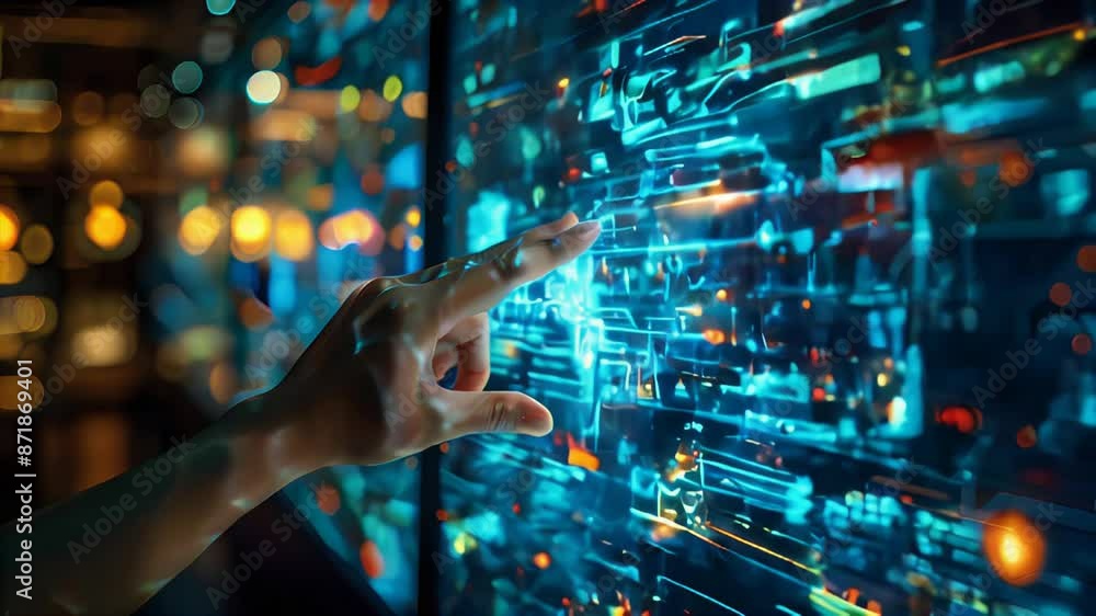 Poster interactive innovation a hand touching an abstract interactive display of innovation icons. in busin