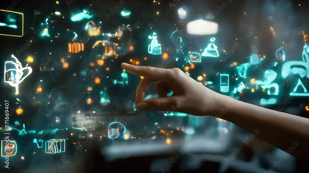Poster interactive innovation a hand touching an abstract interactive display of innovation icons. in busin