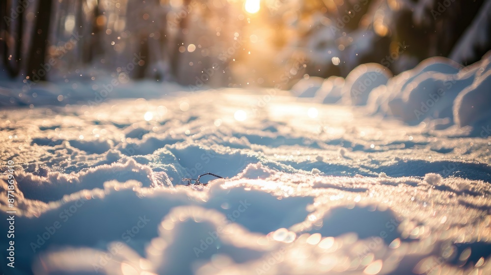 Poster white snow shining in sunlight with shallow depth of field
