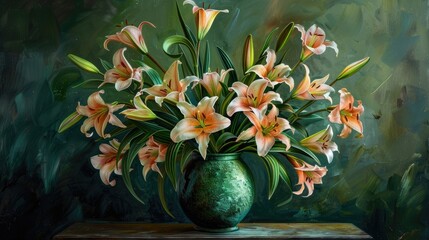 Bouquet of lilies in a green vase