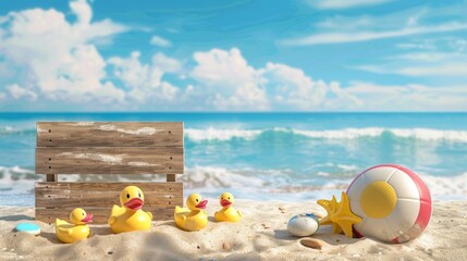 Rubber ducks beach ball wooden sign at the beach with ocean view