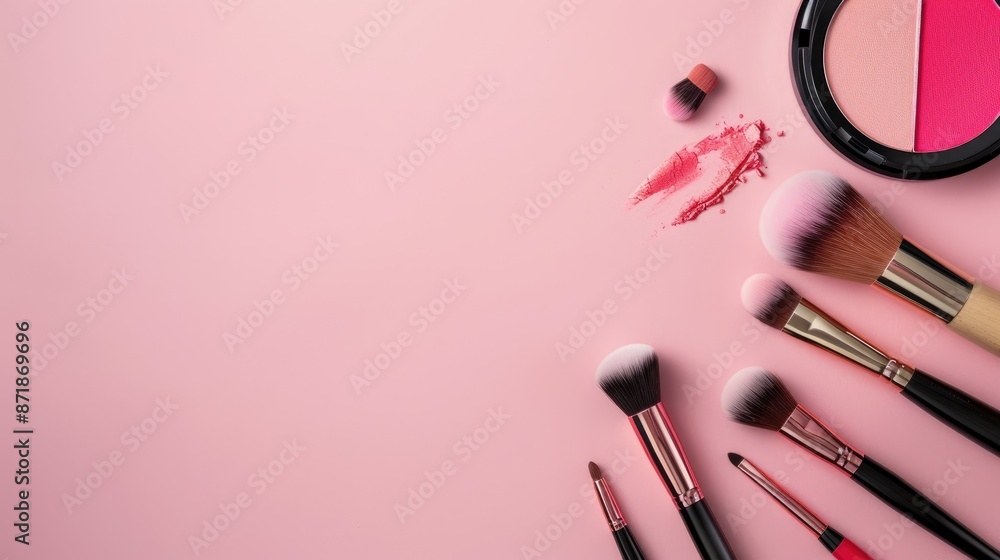 Poster cosmetics and brushes on pink background seen from above with empty space for text