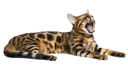 Full body shot of Bengal Cat cat yawning. Transparent, white background, isolated.